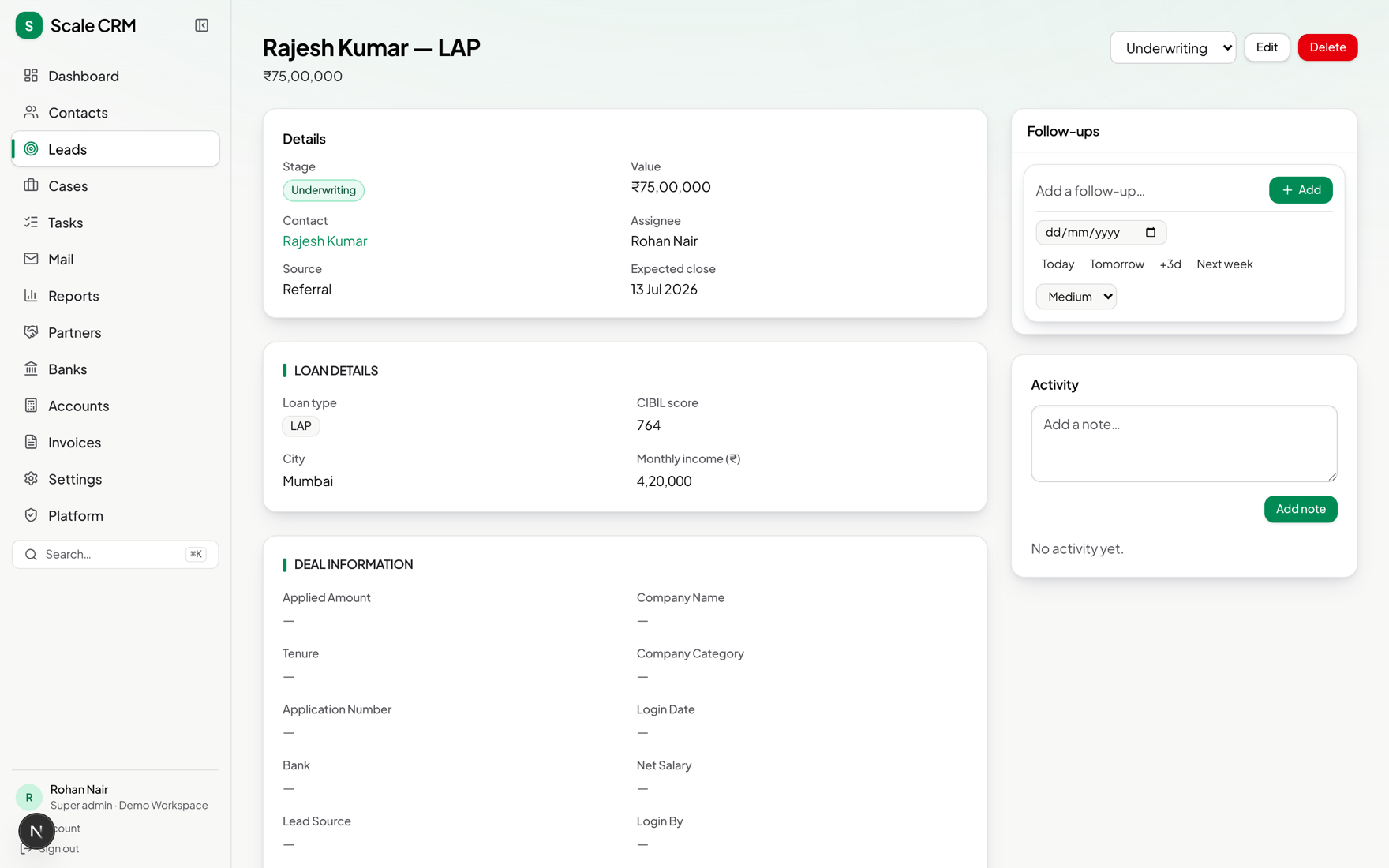 Sezo CRM loan file — Rajesh Kumar LAP ₹75,00,000 with loan details, CIBIL score and follow-ups