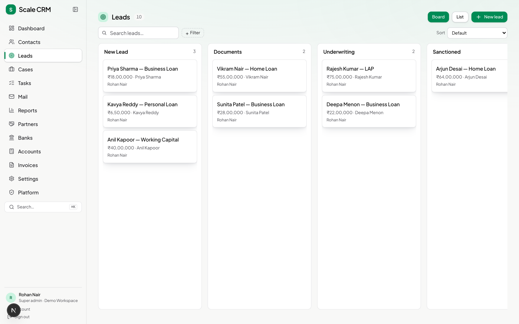 Sezo CRM lending pipeline — leads moving from New Lead through Documents, Underwriting and Sanctioned